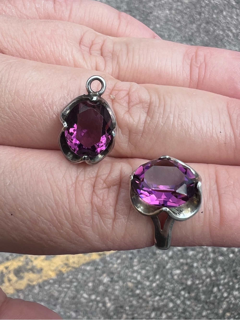 Vintage Sterling Silver Purple Stone Ring and Pendant Set